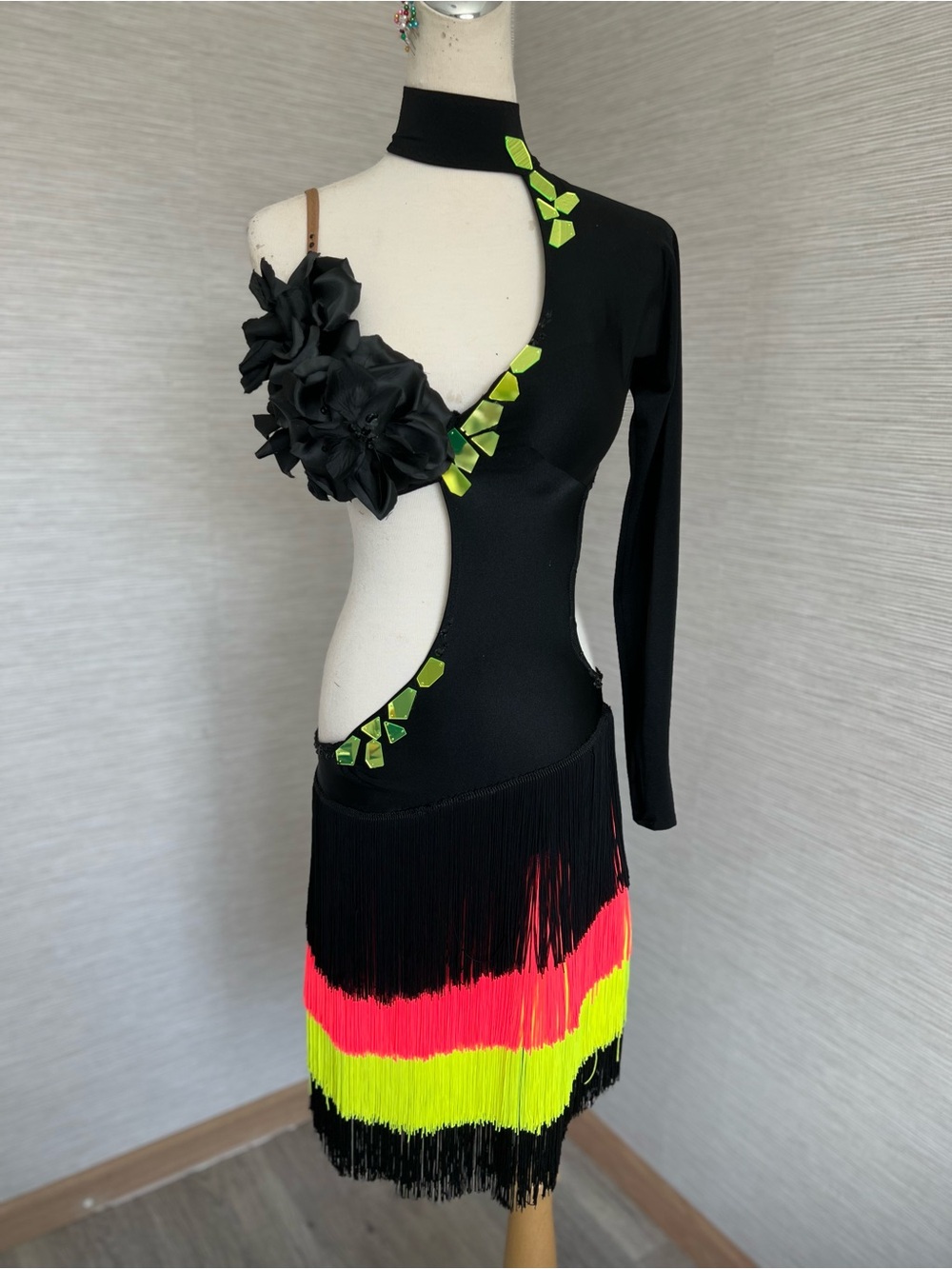 Black Latin Fringe Dress with Neon Pink + Neon Yellow fringe and Accents size M